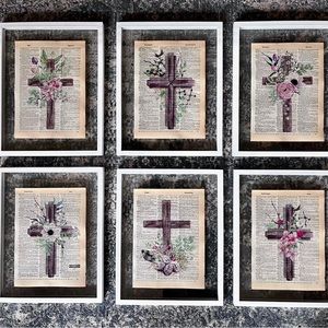 Vintage Dictionary Religious Cross Wall Art Collage Prints, Set of 6
